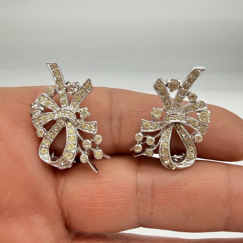 Vtg PANETTA  Rhinestone Earrings Floral Bow Signed Read - Picture 6 of 13